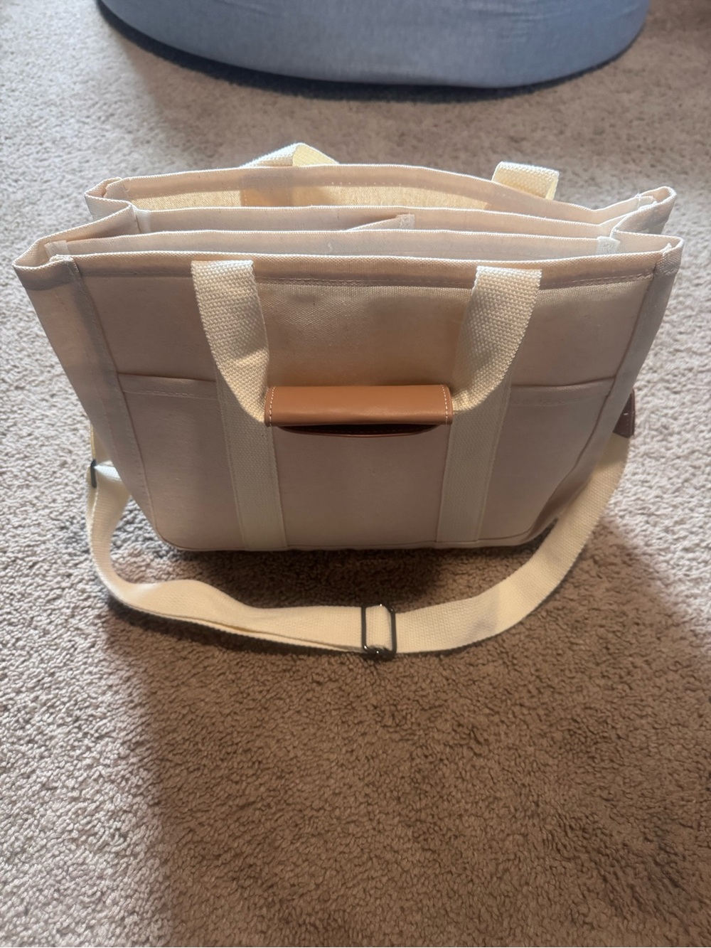 Canvas Tote Shoulder Bag in Beige with Leather Accent